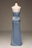 Dusty Blue Spaghetti Straps Guaina in raso plissettato abito da damigella d'onore