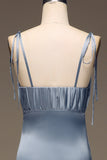 Dusty Blue Spaghetti Straps Guaina in raso plissettato abito da damigella d'onore