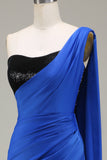 Royal Blue una spalla in raso e paillettes sirena plissettato abito da ballo con fessura