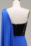 Royal Blue una spalla in raso e paillettes sirena plissettato abito da ballo con fessura