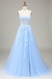 Tulle A-Line Abito da ballo azzurro cielo con spalline sottili e applicazioni