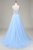 Tulle A-Line Abito da ballo azzurro cielo con spalline sottili e applicazioni