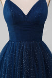 Navy Ball-Gown Scollo a V lungo in rilievo Tulle Prom Dresses con pieghe