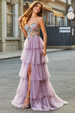 A-Line Tulle Corsetto lungo a più livelli Malva Prom Dress con applicazioni