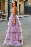 A-Line Tulle Corsetto lungo a più livelli Malva Prom Dress con applicazioni