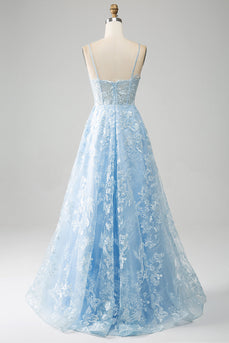Azzurro cielo A-Line Spaghetti Straps Lace lungo corsetto Prom Dress