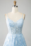 Azzurro cielo A-Line Spaghetti Straps Lace lungo corsetto Prom Dress