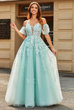 Mint Ball-Gown maniche staccabili in rilievo Prom Dresses con appliques