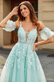 Mint Ball-Gown maniche staccabili in rilievo Prom Dresses con appliques