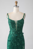 Verde scuro Sirena Spaghetti Straps Abito lungo da ballo con appliques