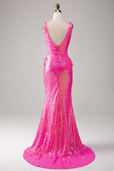 Sparkly Hot Pink Mermaid Prom Dress con fessura