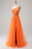 Arancione monospalla A-Line Tulle abito lungo da ballo con applicazioni