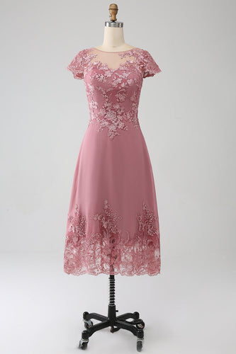 Dusty Rose A-Line Scoop Illusion Tea-length Madre del vestito da sposa con paillettes