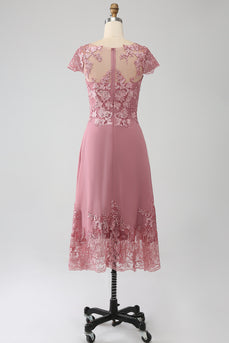Dusty Rose A-Line Scoop Illusion Tea-length Madre del vestito da sposa con paillettes