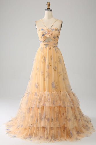 Giallo A-Line Halter plissettato Tulle Tiered Prom Dress con ricamo