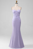 Lilac guaina senza spalline Corsetto Prom Dresses con appliques in pizzo