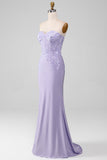 Lilac guaina senza spalline Corsetto Prom Dresses con appliques in pizzo