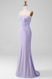Lilac guaina senza spalline Corsetto Prom Dresses con appliques in pizzo