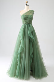 Verde scuro Tulle A-Line Monospalla Abiti Lunghi Prom