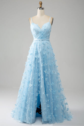 Azzurro cielo A Line Spaghetti Straps Sparkly Beaded Prom Dress con farfalle 3D