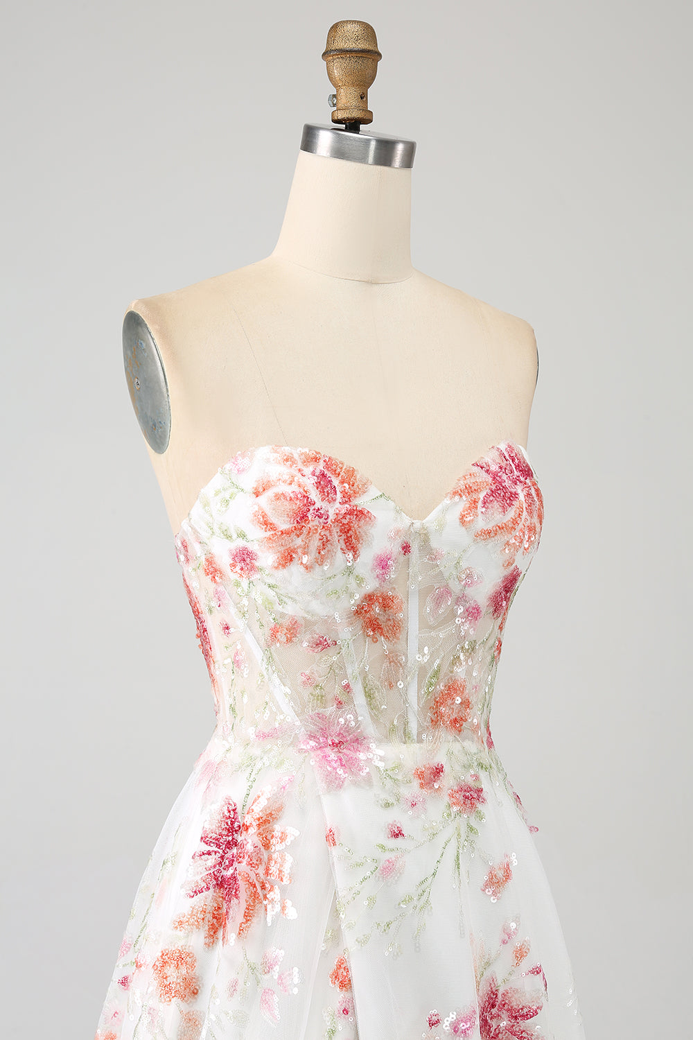 Avorio Fiore Ricamato Corsetto Lungo Abito da ballo con Fessura