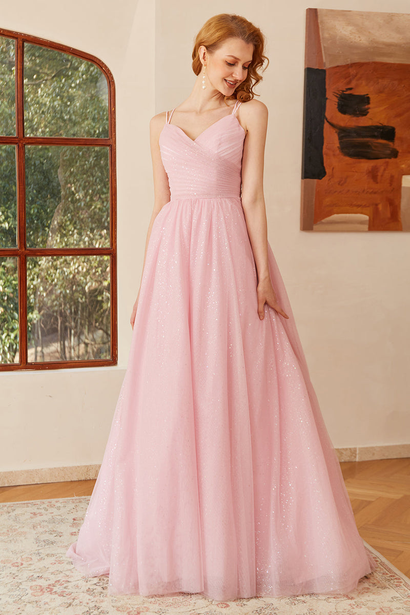Carica l&#39;immagine nel visualizzatore di Gallery, Glitter Rosa Lace-Up Ruched Lungo Prom Abito