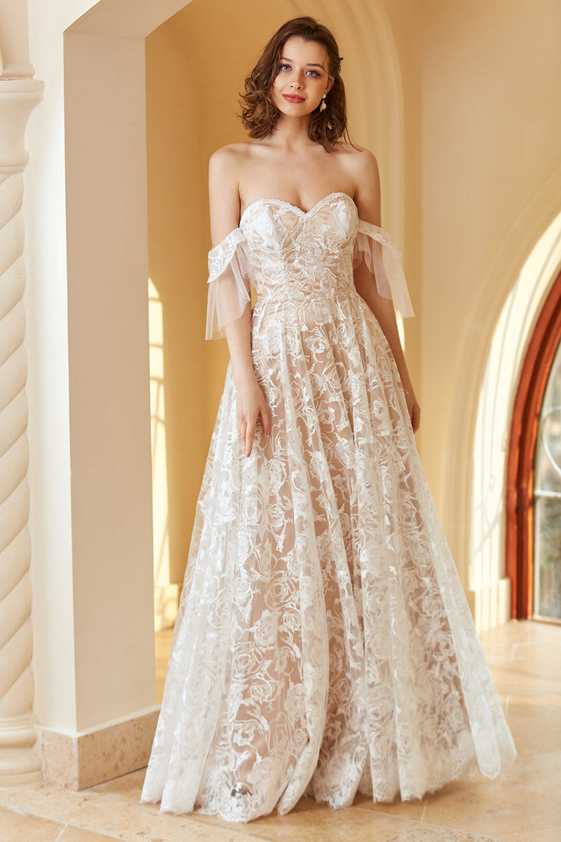 Carica l&#39;immagine nel visualizzatore di Gallery, Splendida linea fuori dalla spalla Abito da sposa in pizzo bianco
