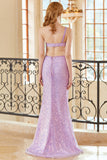 Fodero Una Spalla Light Purple Paillettes Long Prom Dress con Split Front