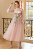 Carica l&#39;immagine nel visualizzatore di Gallery, A Line Jewel Light Nude Tea Length Prom Dress con maniche lunghe