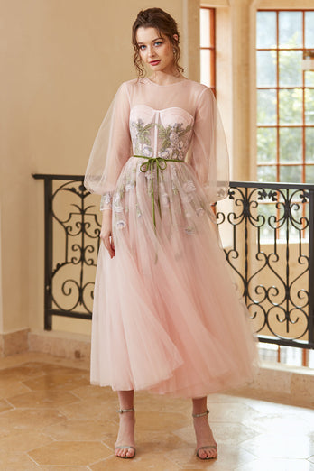 A Line Jewel Light Nude Tea Length Prom Dress con maniche lunghe