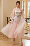 A Line Jewel Light Nude Tea Length Prom Dress con maniche lunghe
