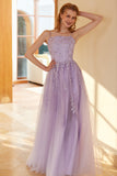 Charming A Line Spaghetti Straps Light Purple Long Prom Dress con applique