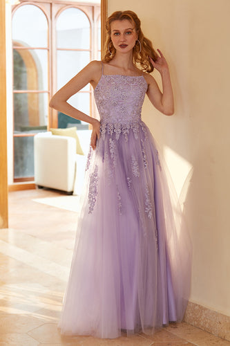 Charming A Line Spaghetti Straps Light Purple Long Prom Dress con applique