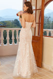 Sirena Deep V Neck Abito da sposa in pizzo bianco con applique