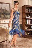 Blue Sequins Glitter Flapper Dress con frange