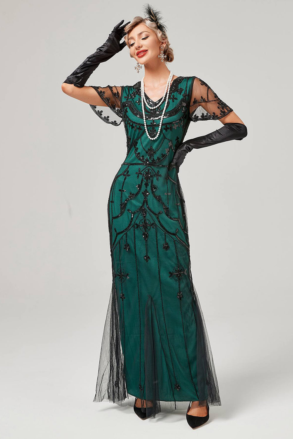 Paillettes Verde Scuro Abito Lungo anni 1920