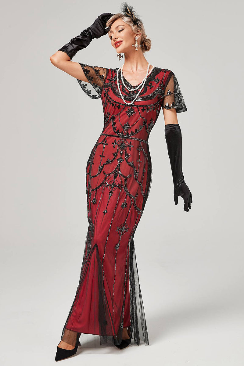 Costume da donna deluxe con bandiera nera anni '20 con frange anteriori e posteriori, copricapo con paillettes abbinate - Charleston anni '20 (lardo Costume da donna deluxe con bandiera nera anni '20 con frange anteriori e posteriori, copricapo con paillettes abbinate - Charleston anni '20 (lardo