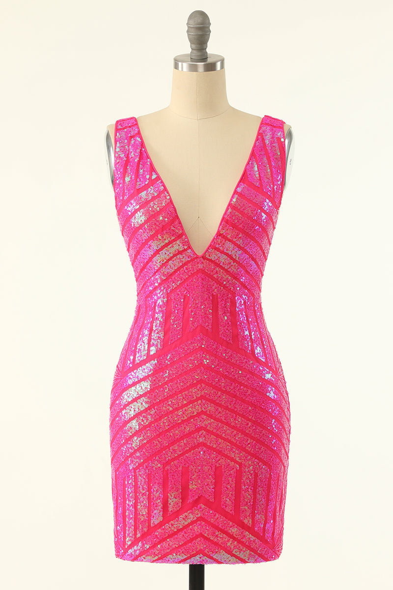 Carica l&#39;immagine nel visualizzatore di Gallery, Fucsia Paillettes Scollo a V Abito Stretto Homecoming