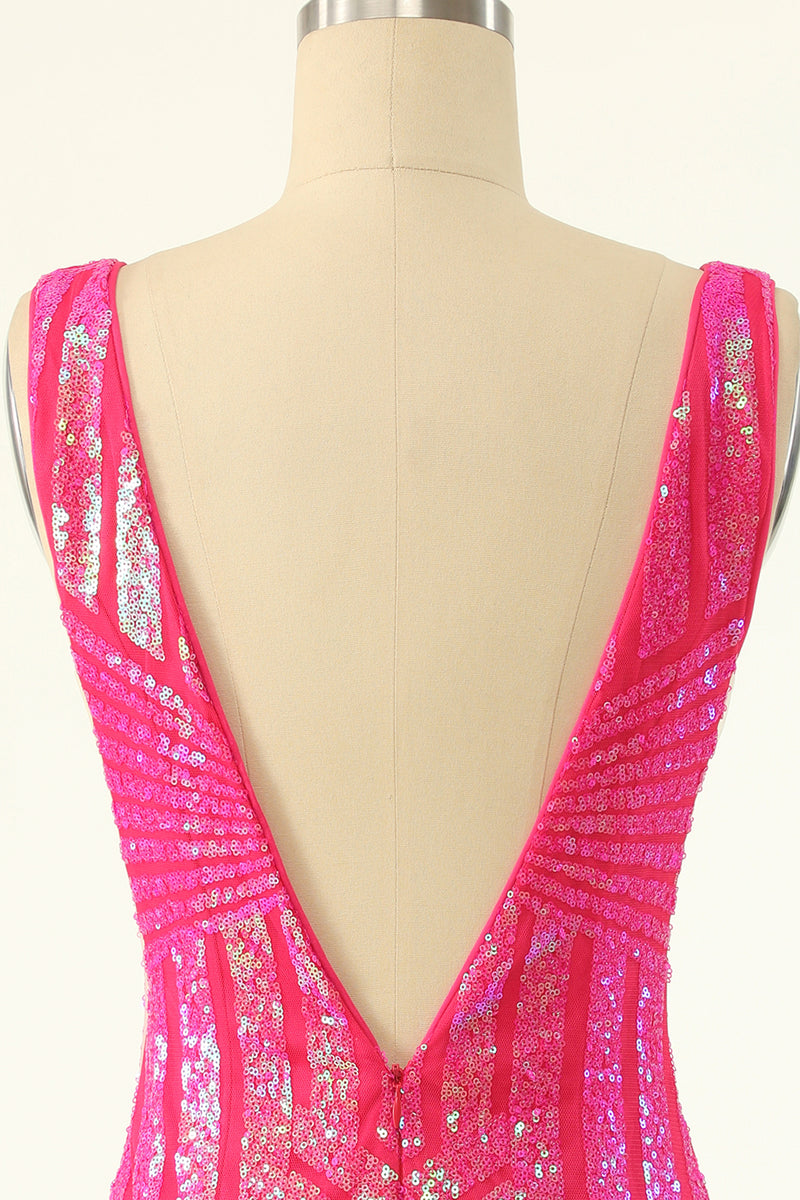 Carica l&#39;immagine nel visualizzatore di Gallery, Fucsia Paillettes Scollo a V Abito Stretto Homecoming