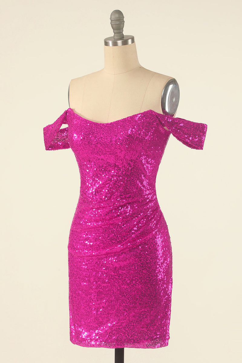 Carica l&#39;immagine nel visualizzatore di Gallery, Fucsia Off the Shoulder Paillettes Tight Homecoming Dress