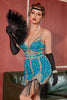 Carica l&#39;immagine nel visualizzatore di Gallery, Abito Gatsby anni &#39;20 corto con paillettes blu lago con frange
