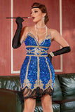 Royal Blue Sequin Short Gatsby 1920s Abito con frange