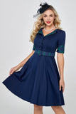 Navy Green Plaid 1950s Abito con maniche