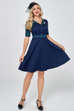 Navy Green Plaid 1950s Abito con maniche