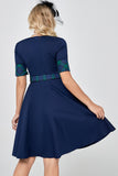 Navy Green Plaid 1950s Abito con maniche
