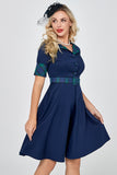 Navy Green Plaid 1950s Abito con maniche