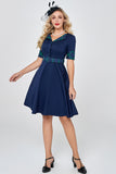 Navy Green Plaid 1950s Abito con maniche