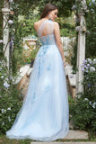 Sky Blue A Line One Shoulder Long Prom Dress with Appliques