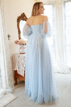 Una linea senza spalline blu stampato Plus Size Prom Dress con mezze maniche