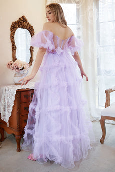 Una linea fuori dalla spalla Corsetto viola Plus Size Prom Dress con Bowknot